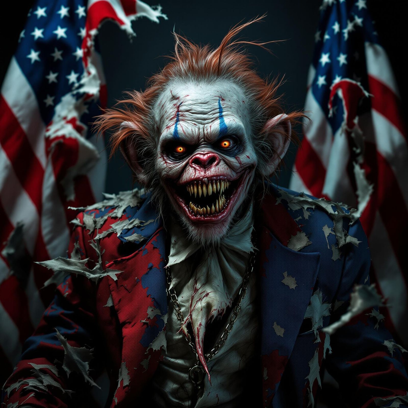 Grotesque Zombie Monkey Clown President in Hyperrealistic Po...
