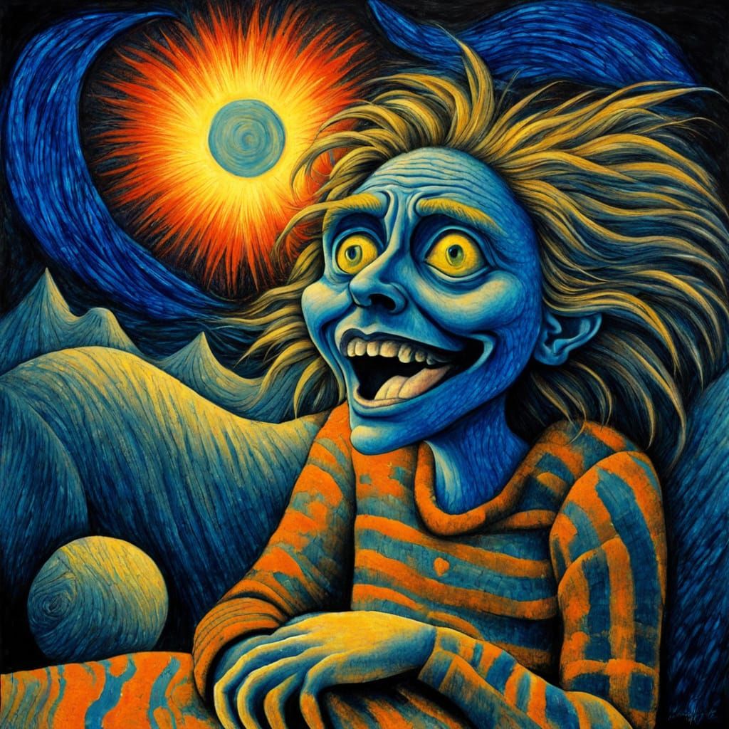 Vibrant Charcoal Figure in Electric Blue and Orange