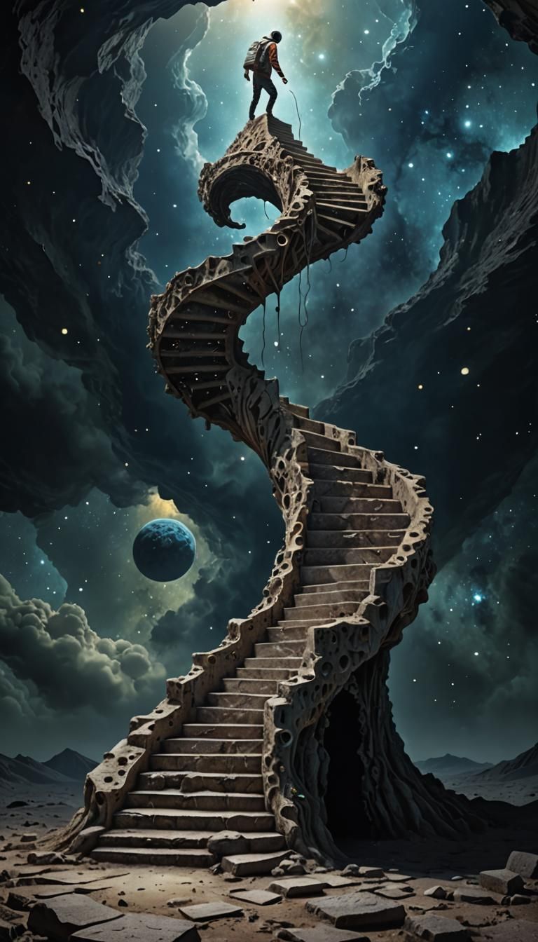 Surreal Humanoid in Space with Escher-Style Stairs