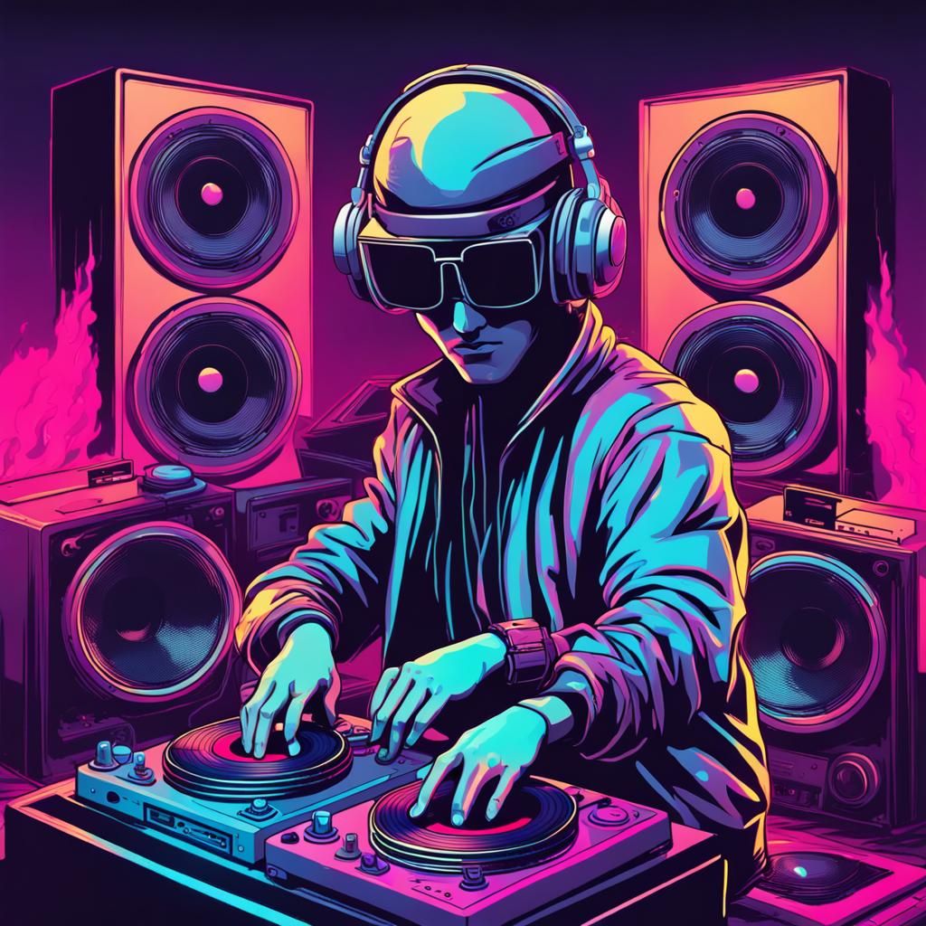 Neon Synthwave DJ with Ninja Helmet