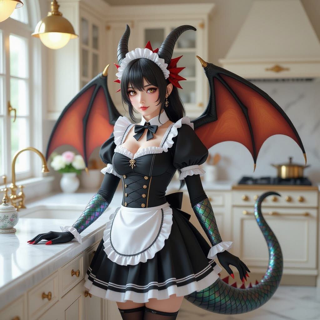 Kawaii Dragon Maid in Sunlit Kitchen