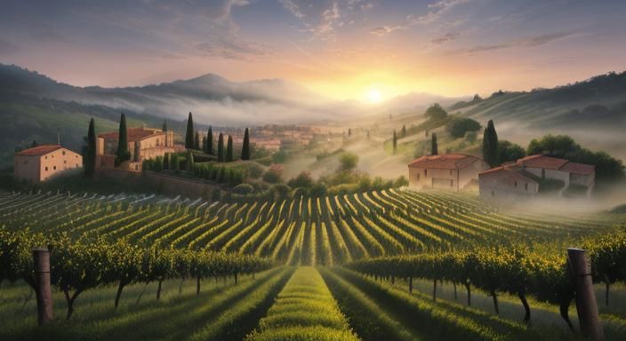 Misty Sunrise Over Italian Vineyard: Digital Art