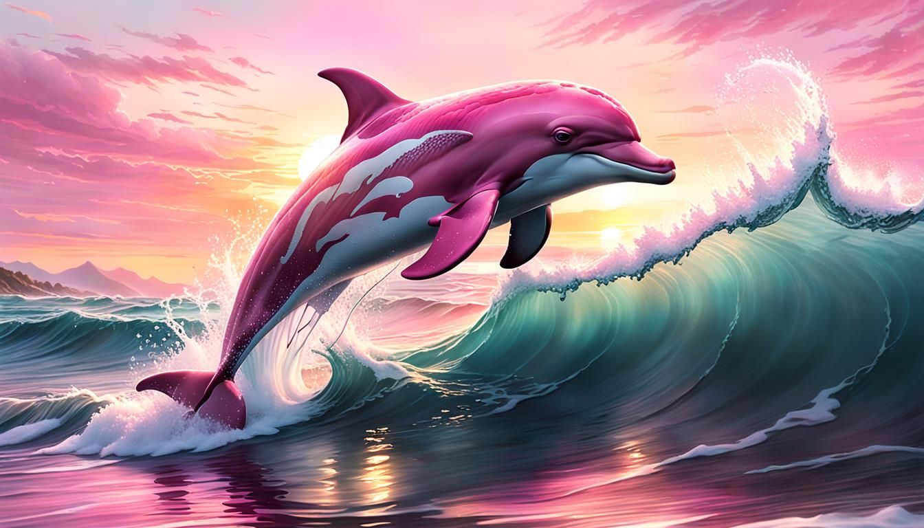 Pink Dolphin Leaps from Frothy Sunset Waves