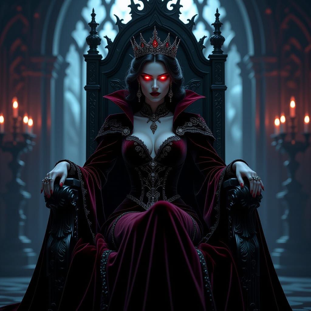 Regal Vampire Queen on Obsidian Throne in Gothic Hall