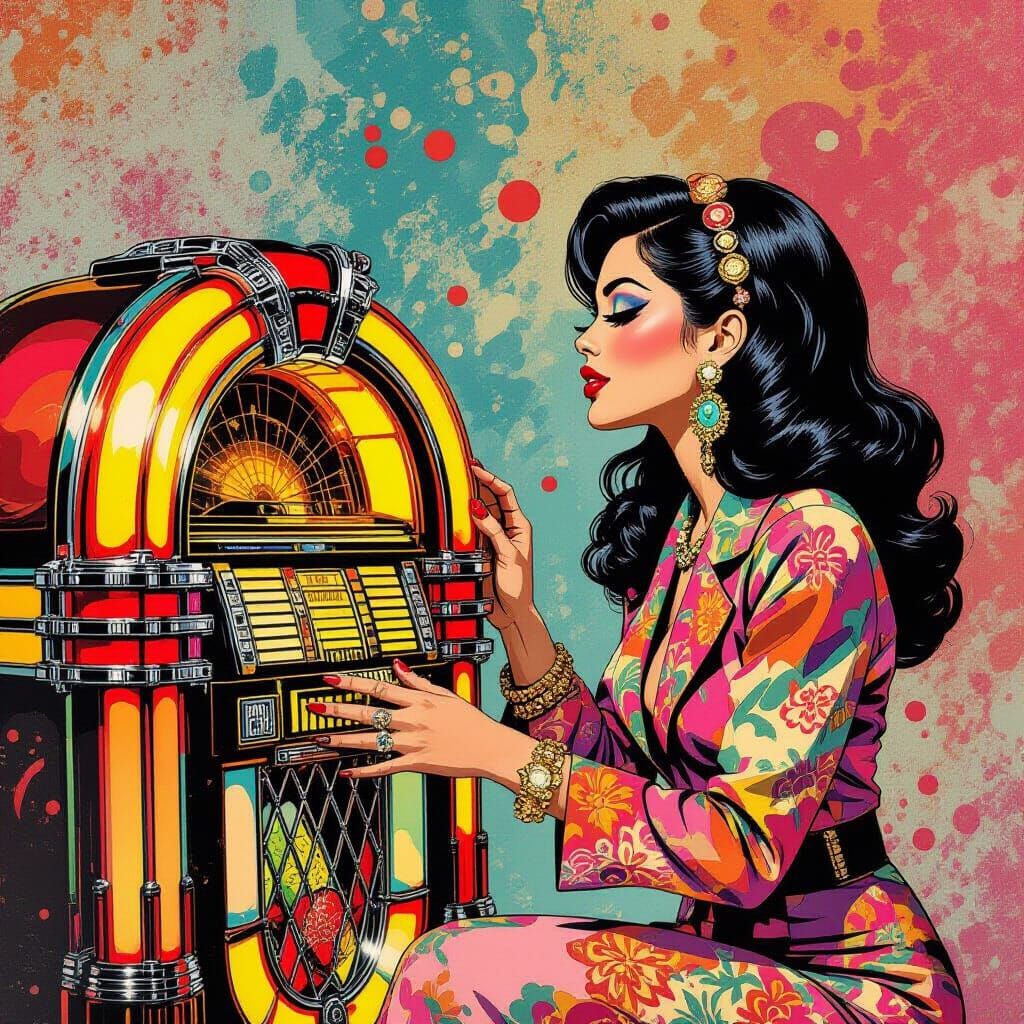 Psychedelic Women Mesmerized by Vintage Jukebox: Pop Art