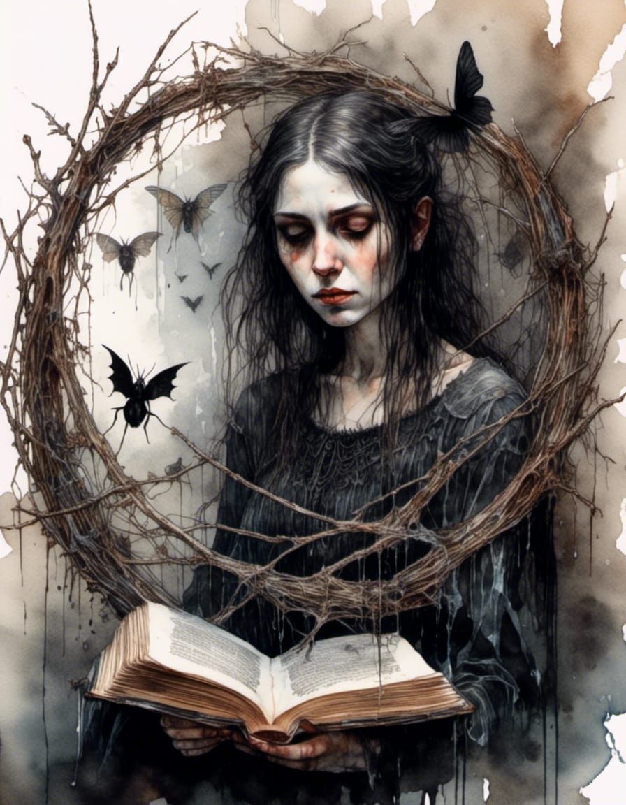 Gothic Woman in Watercolor Nest Reading a Book