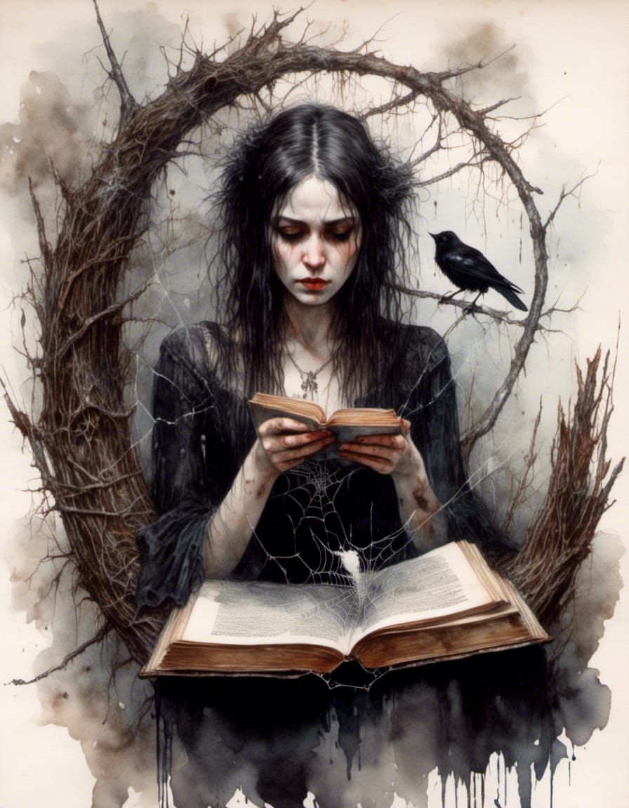 Gothic Woman Reading in Wet-Wash Watercolour Style