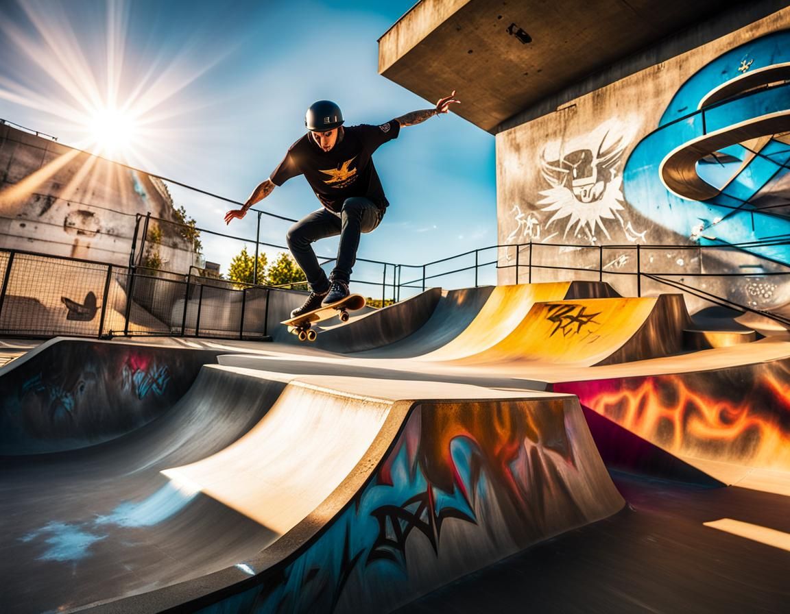 Skateboarder Mid-Air in Vibrant Digital Art Style