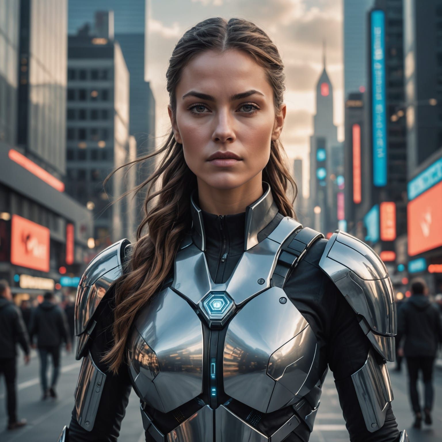 Futuristic Woman Warrior in Cyberpunk Cityscape