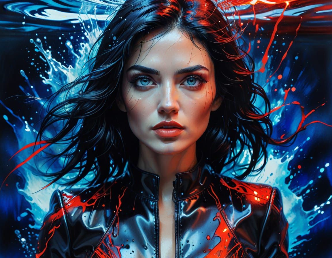 Woman in Underwater Scene with Neon Lightning