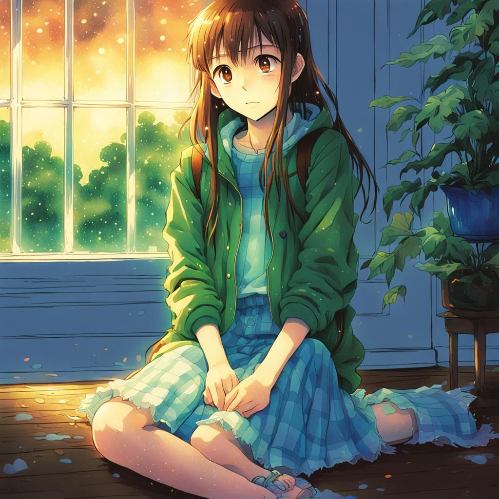 Girl in Rainy Forest View: Vibrant Anime Style