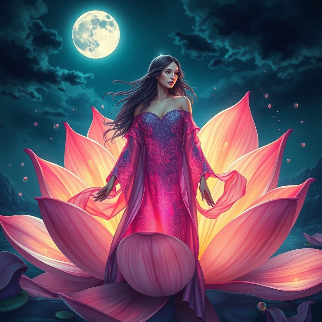 Ethereal Woman in Luminous Water Flower, Dreamlike Digital A...