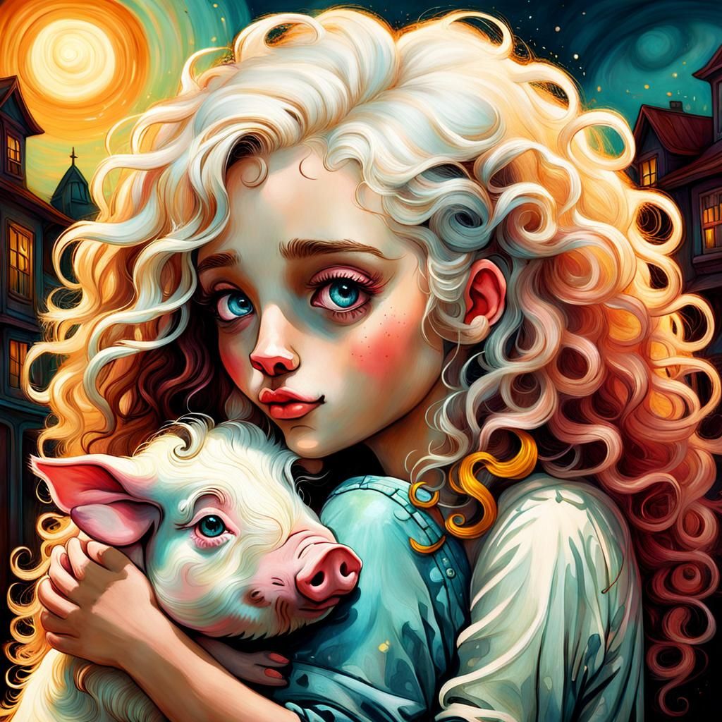 Girl Hugging Pig in Pop Surreal Portrait