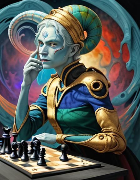 two blue jesters who lingers in the darkest mazes of GOD consciousness, H.R. Giger, chess game psychedelic, pale complem...