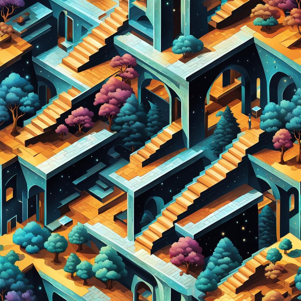 Escher-Inspired Cosmic Landscape with Holographic Doors