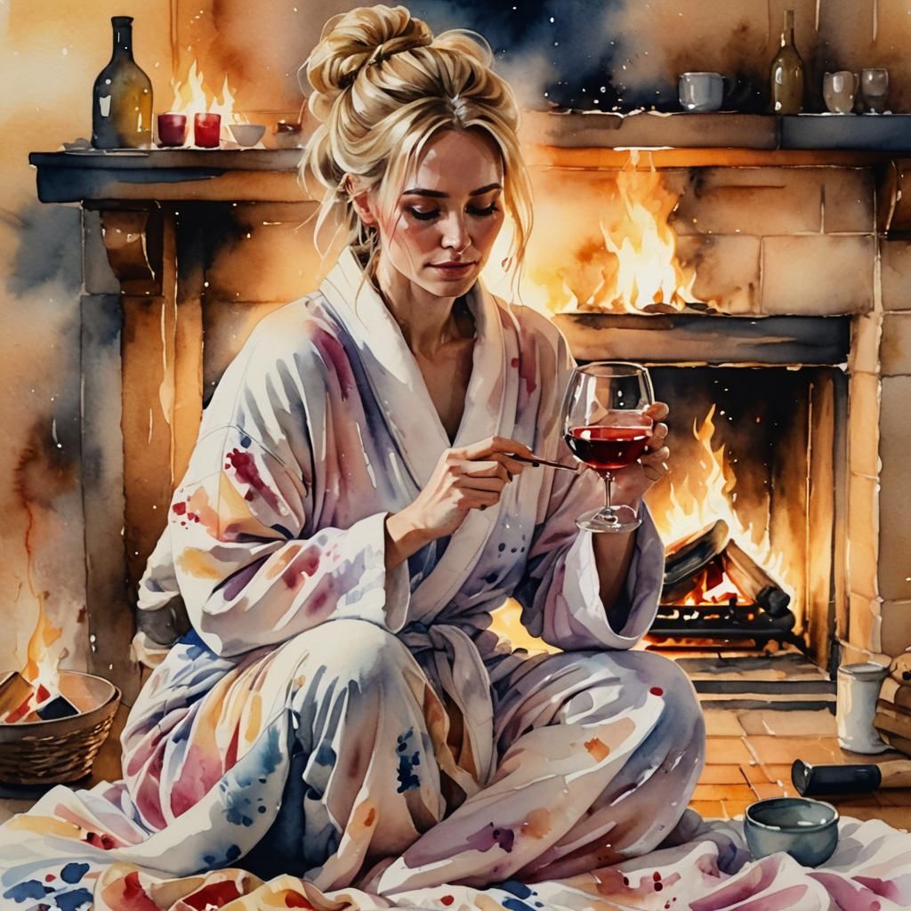 Woman by Fireplace in Watercolor Style