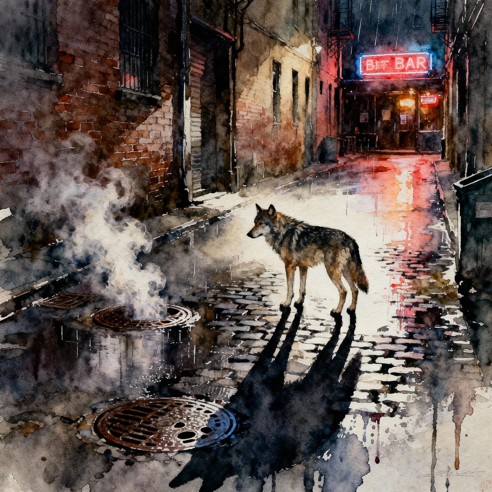 Lone Wolf in Neon-Lit Urban Alleyway, Watercolor Style