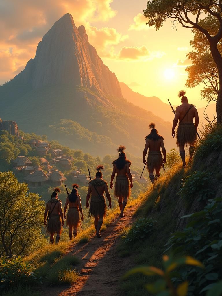 Prehistoric Warriors Ascend Ancient Mountain at Sunset