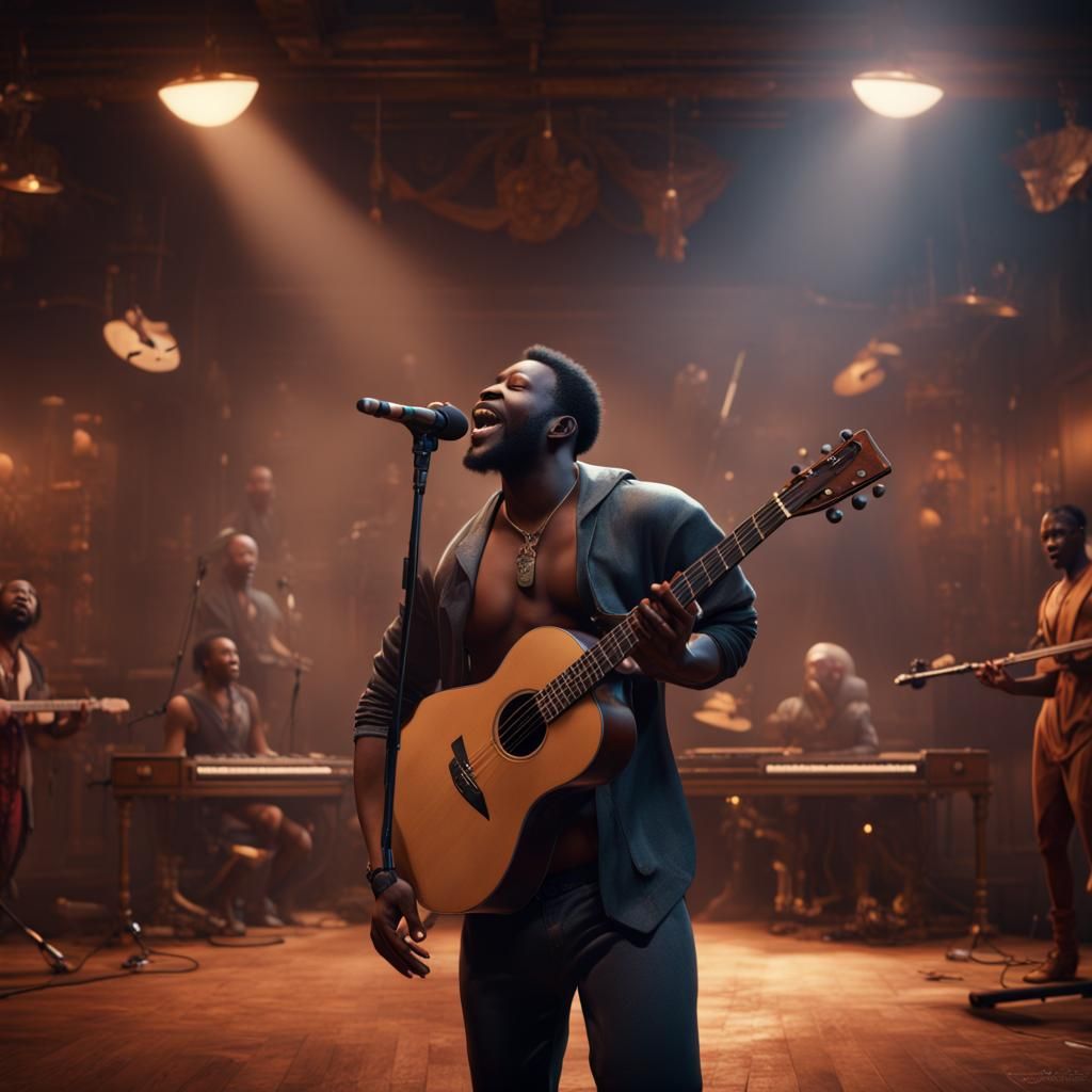 Black Man Singing in Studio: Detailed Matte Painting