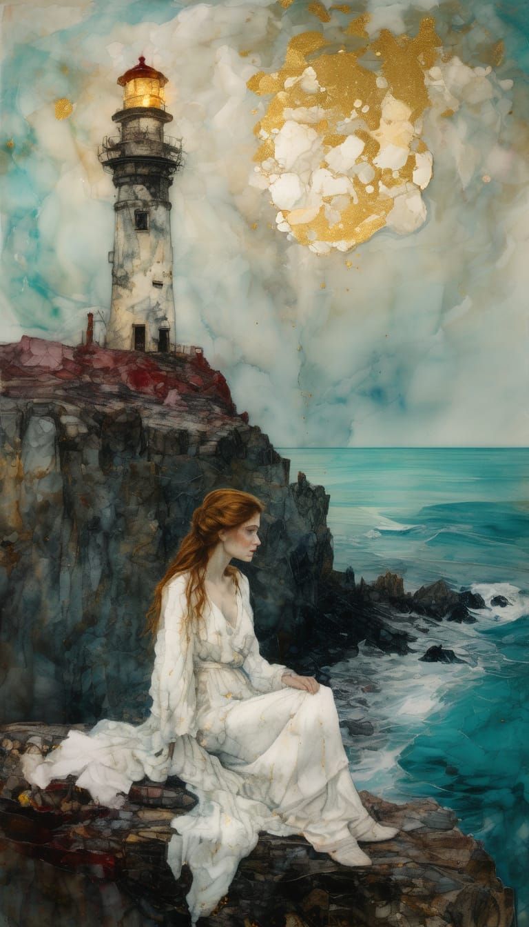 Encaustic Painting of Woman Overlooking Endless Sea
