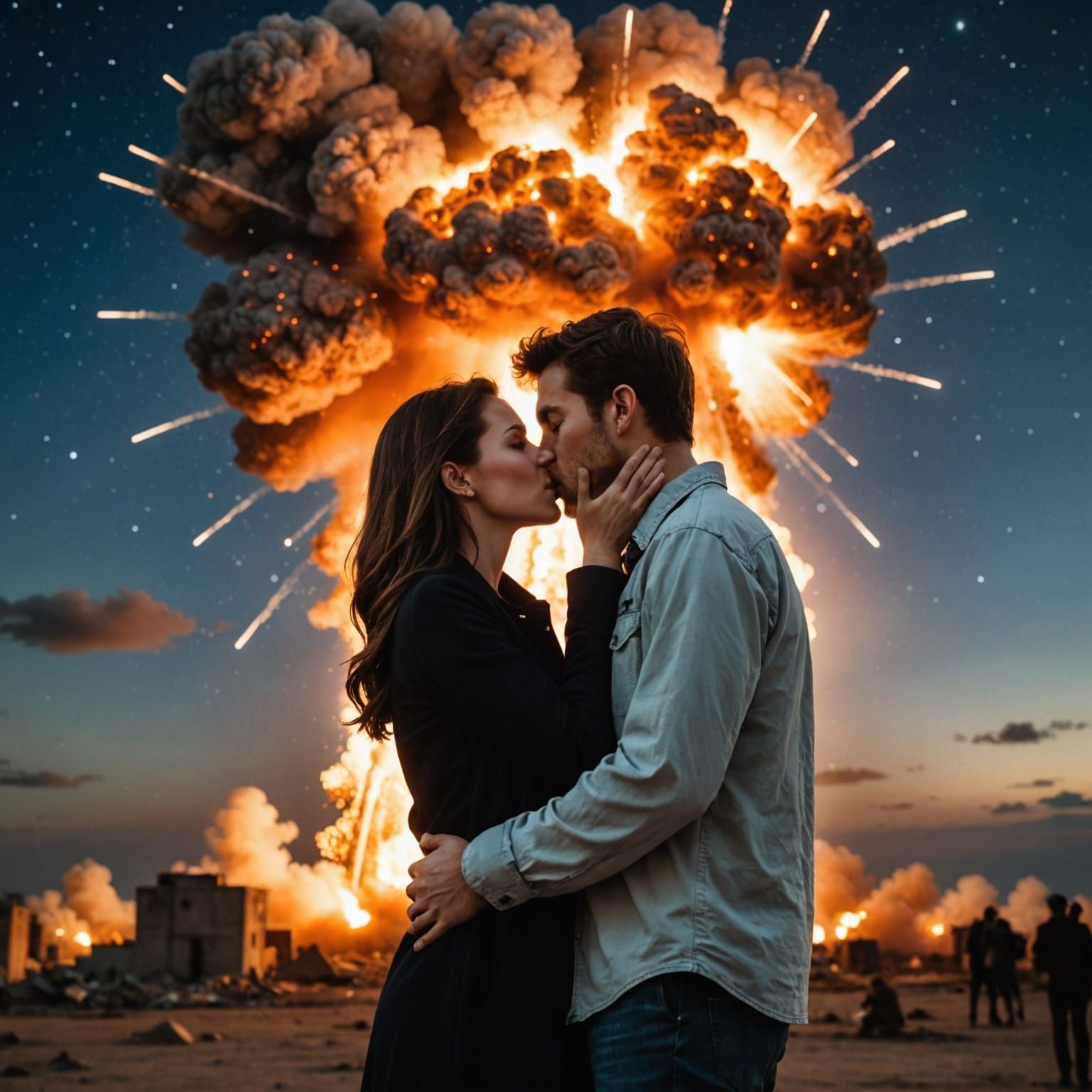 Couple Kissing as Atomic Bomb Explodes: Photography