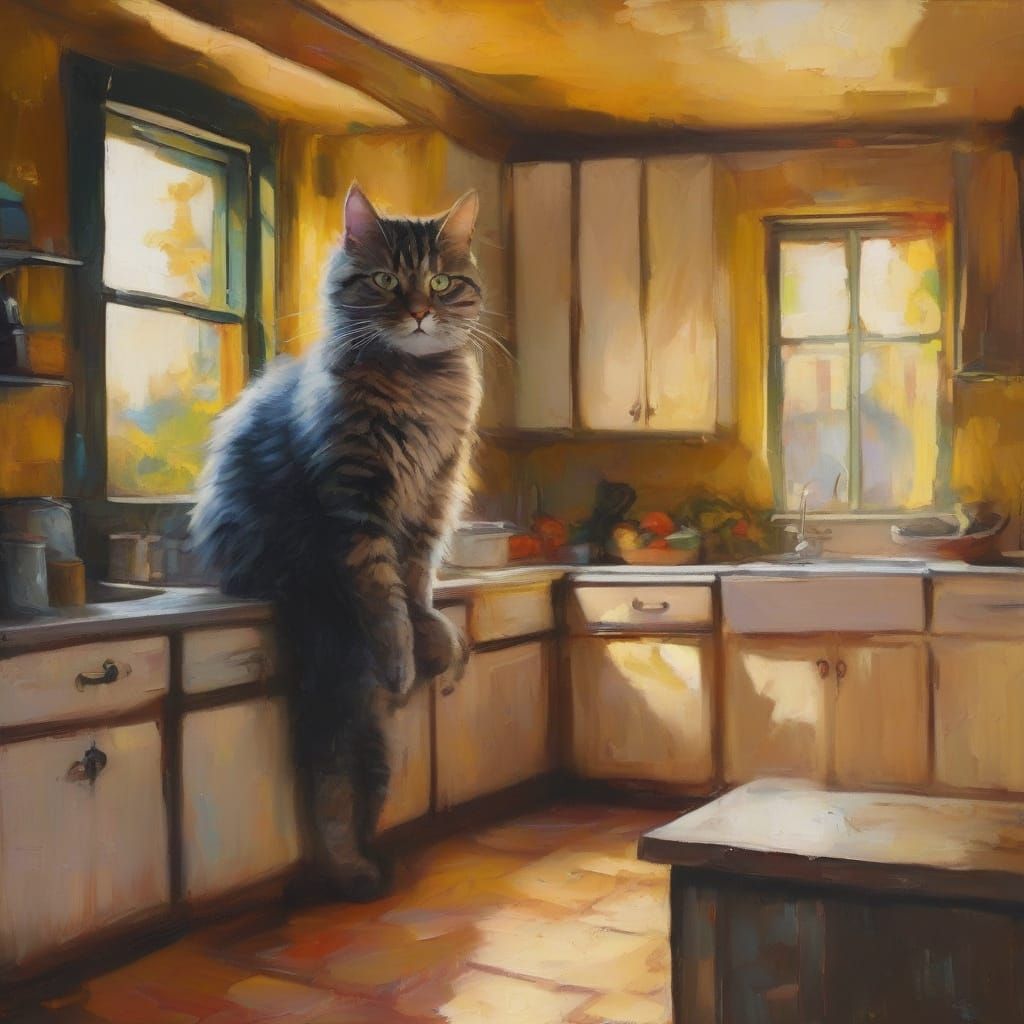 Surreal Cheshire Cat in Whimsical Plaid Kitchen