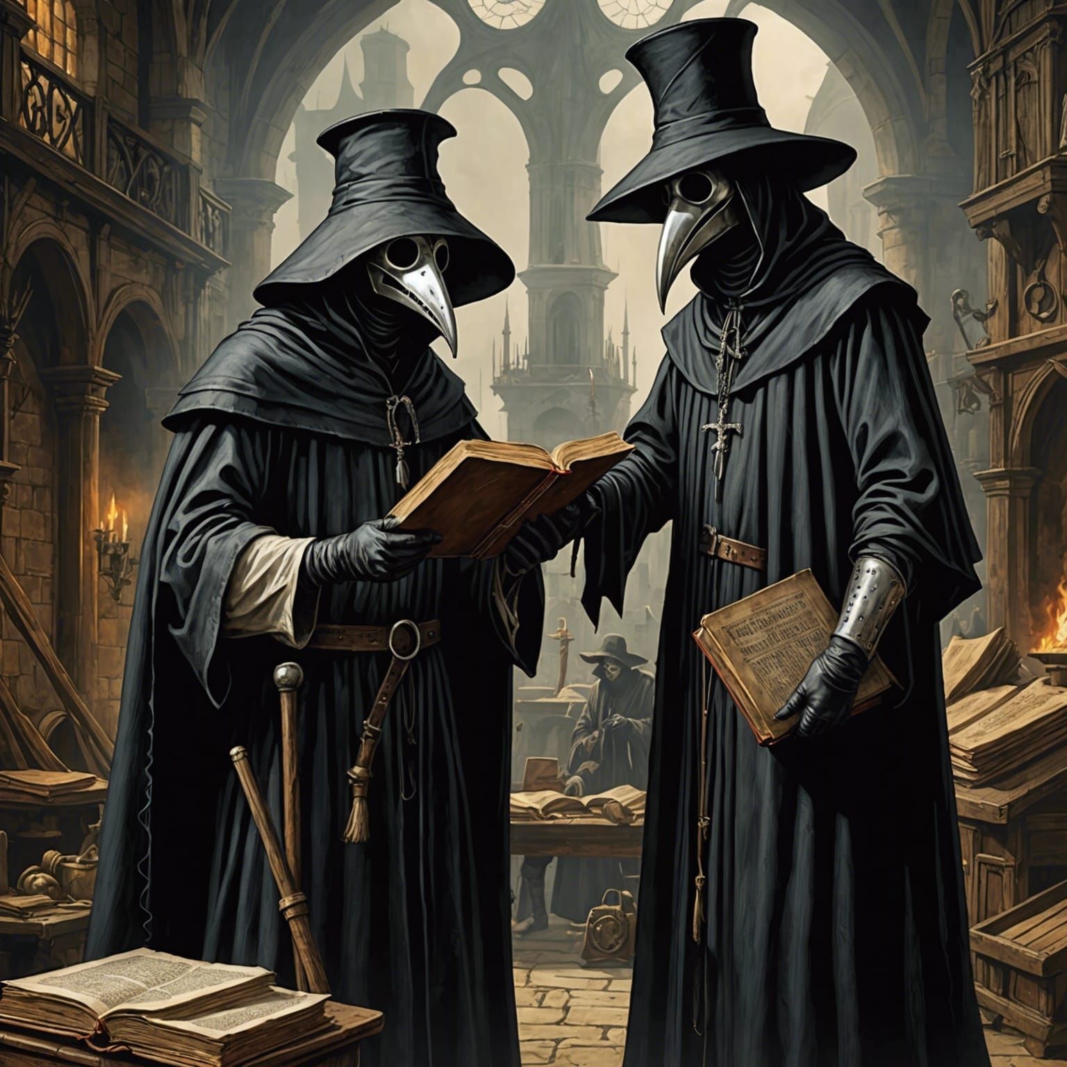 Plague Doctors Study Medieval Book in Hyperrealistic Illustr...