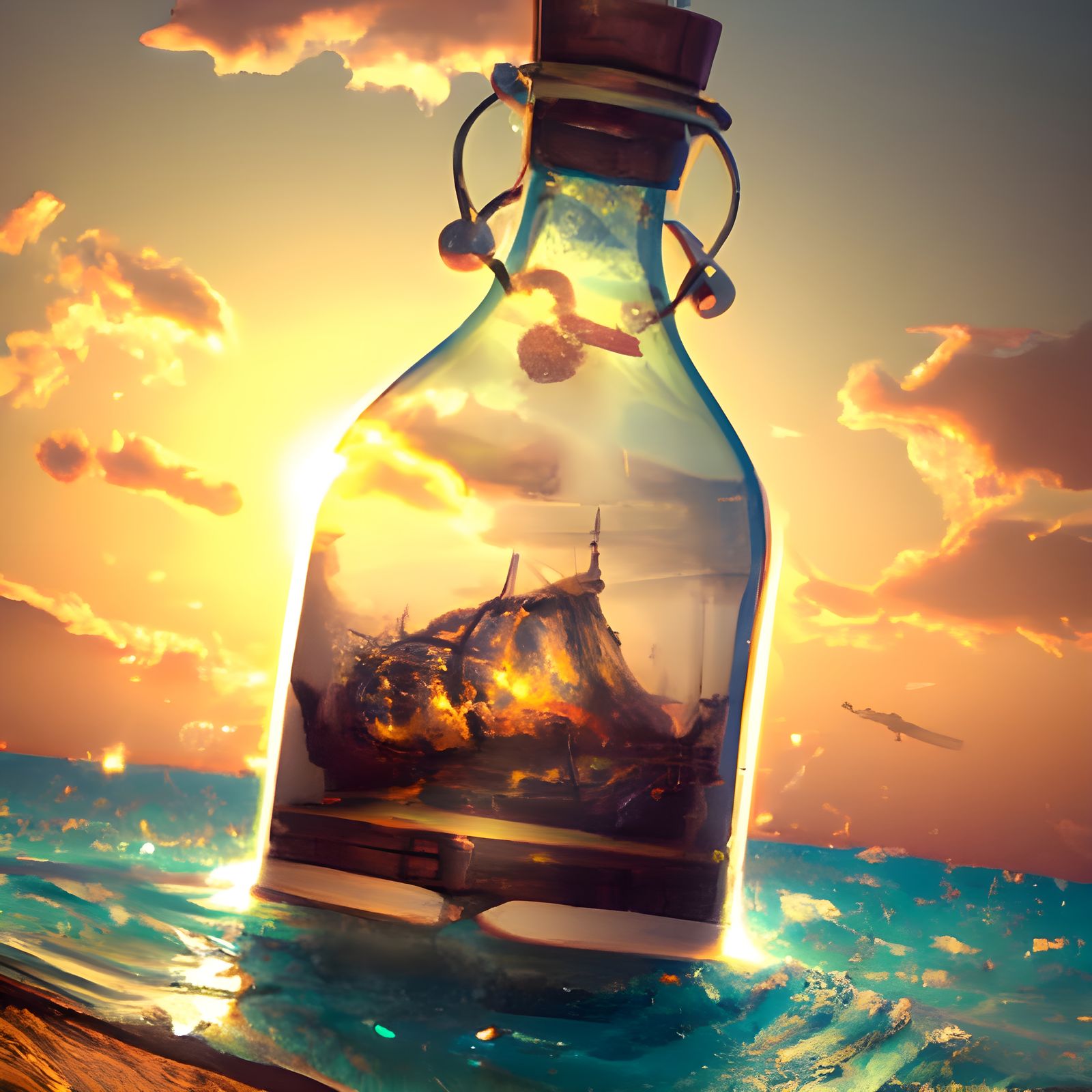 Ship in a Bottle: Hyperdetailed Sunset Concept Art