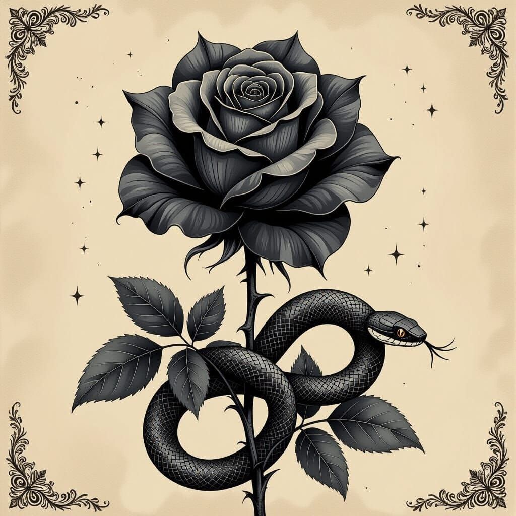 Gothic Rose with Snake in Sepia Tones