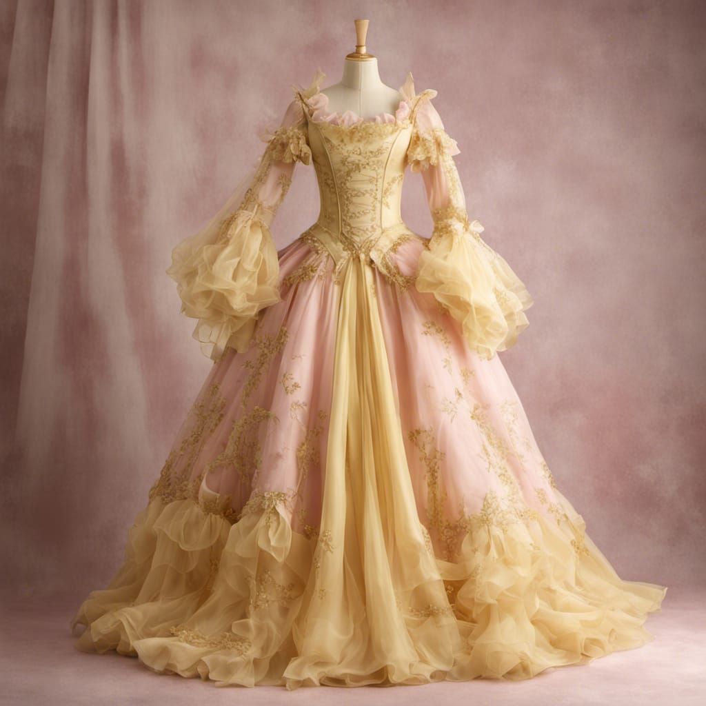 Rococo Princess Dress on Dress Form in Gold