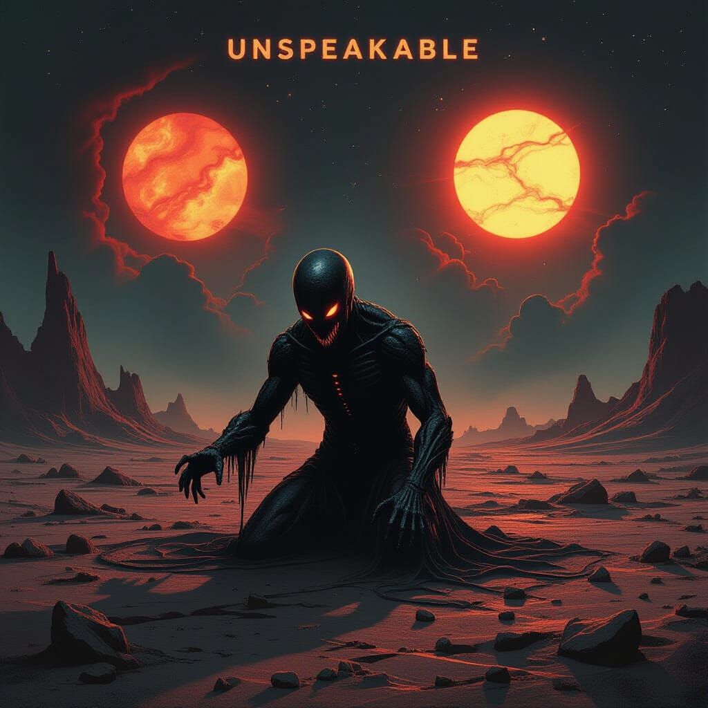 Cosmic Horror Entity on Alien Planet with Binary Sunset