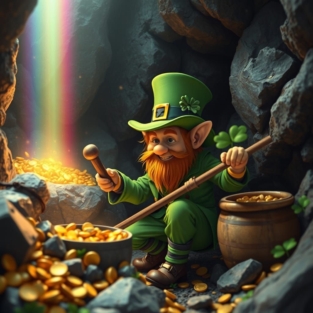 Mystical Leprechaun Unearths Treasure in Vibrant Rainbow Min...