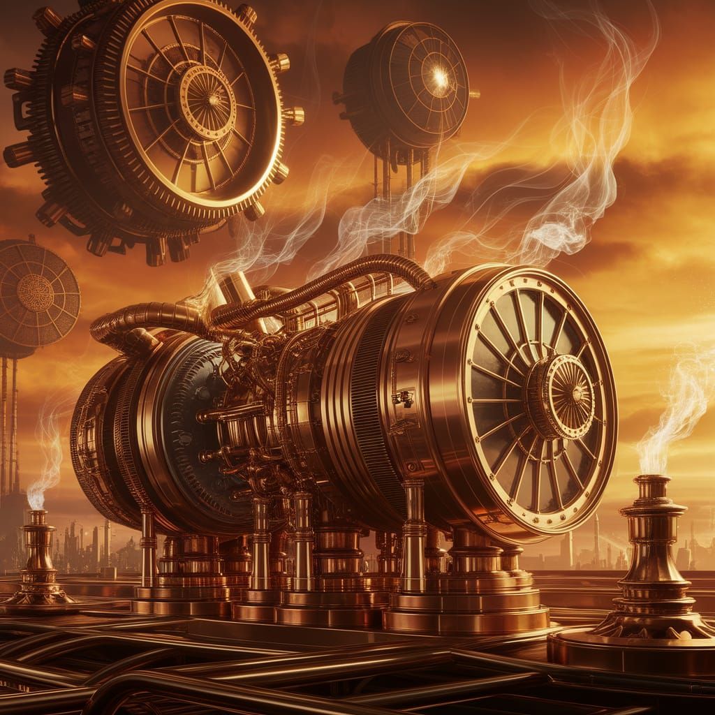 Steampunk Engine in Amber Sky