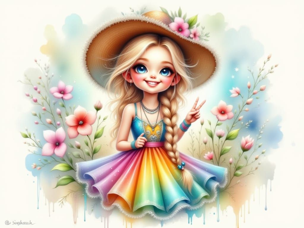 Whimsical Girl Wishes for Peace in a Watercolor Dream