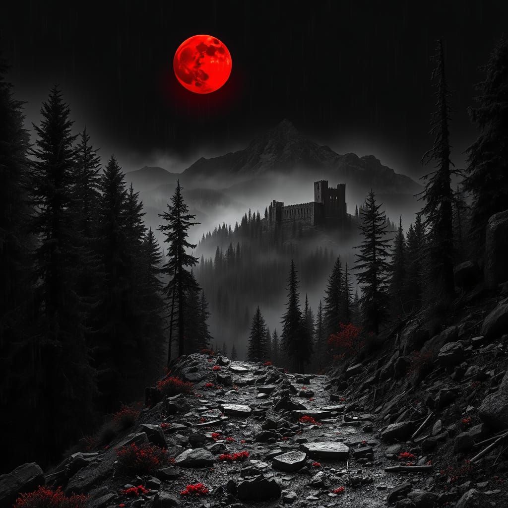 Sinister Autumn Night: Red Moon Over Rocky Mountain Trail