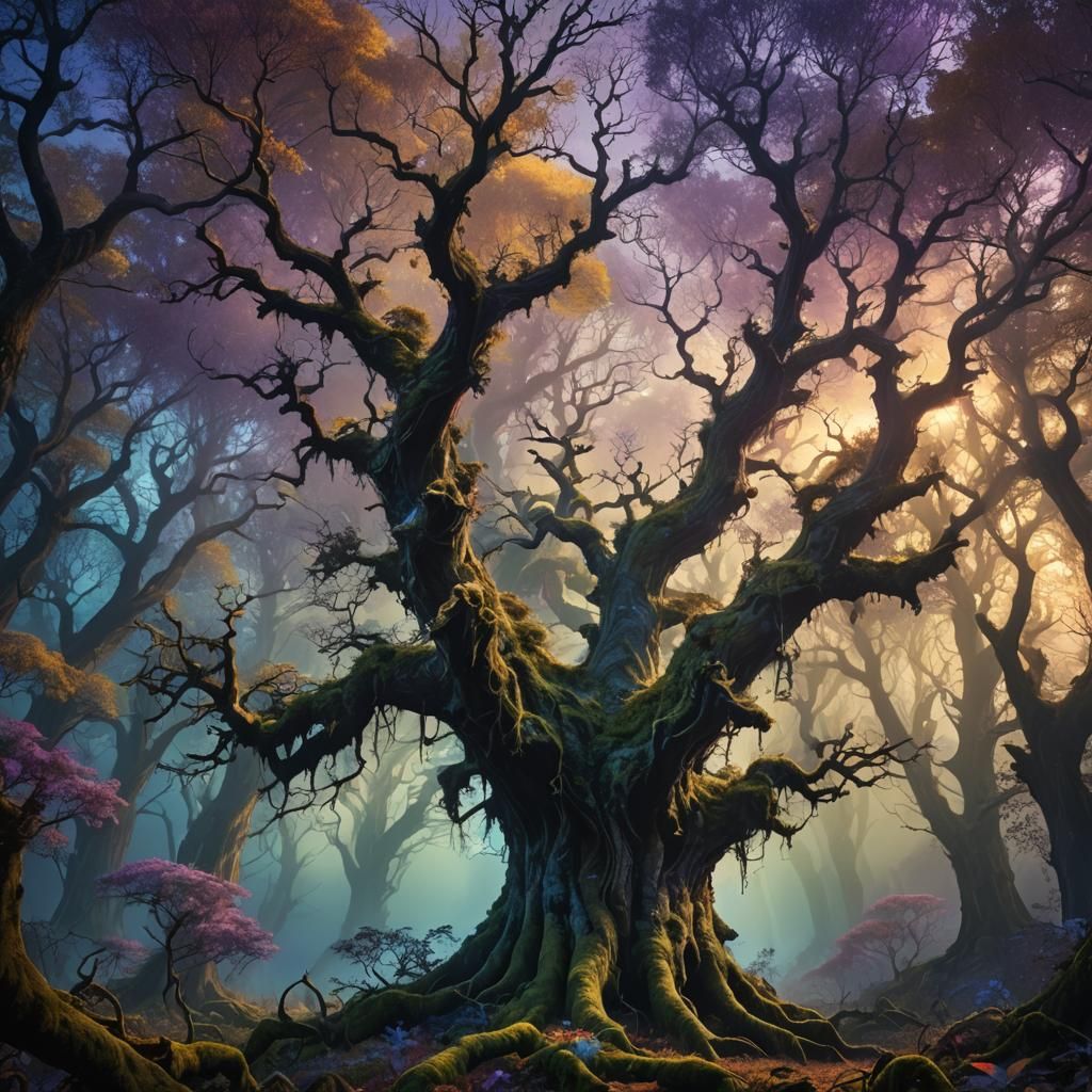 Mystical Forest Under Iridescent Sky: Digital Matte Painting