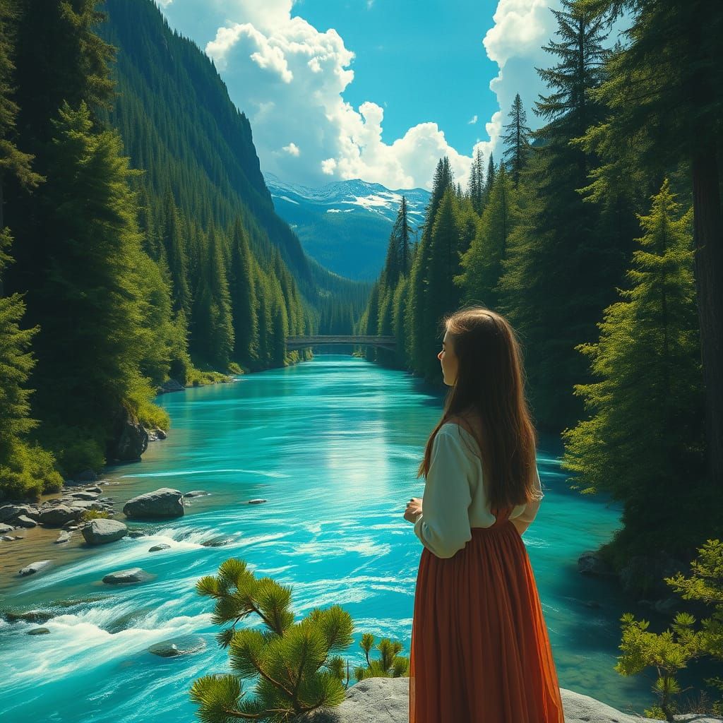Turquoise River Landscape Inspired by Bierstadt and Shishkin