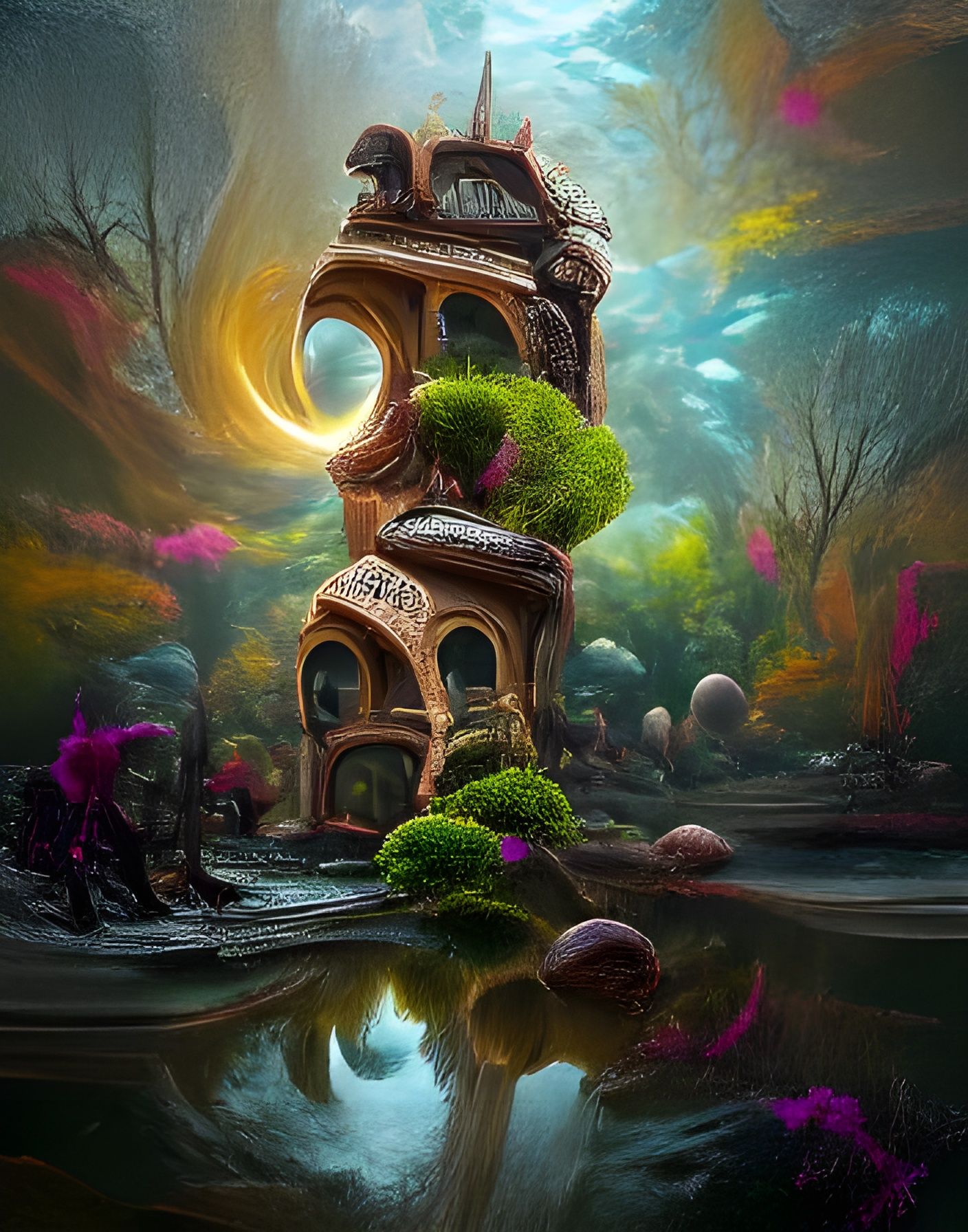Whimsical Faerie Village Treehouse with Water Reflections
