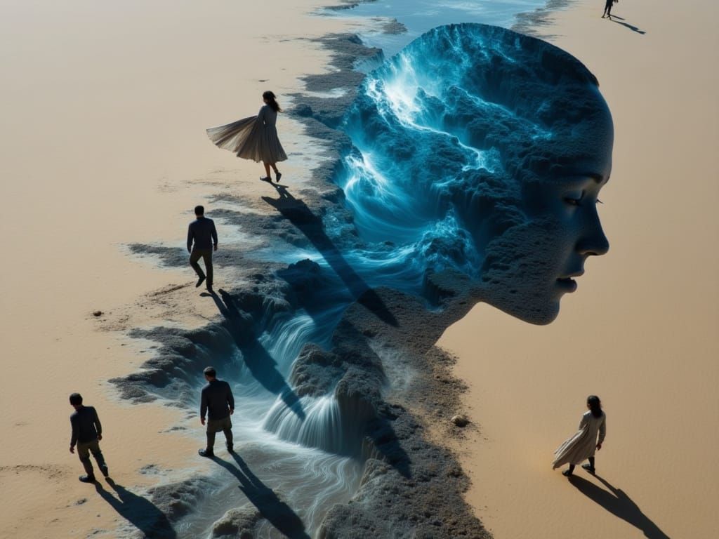 Shadow Walkers on South African Plain in Magic Surrealism St...