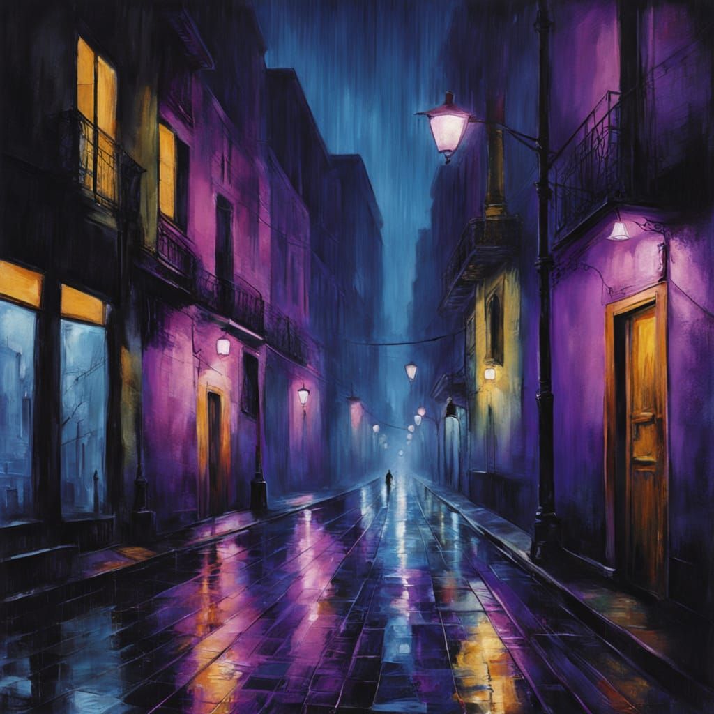 Surreal City Street at Night in Oil Painting Style
