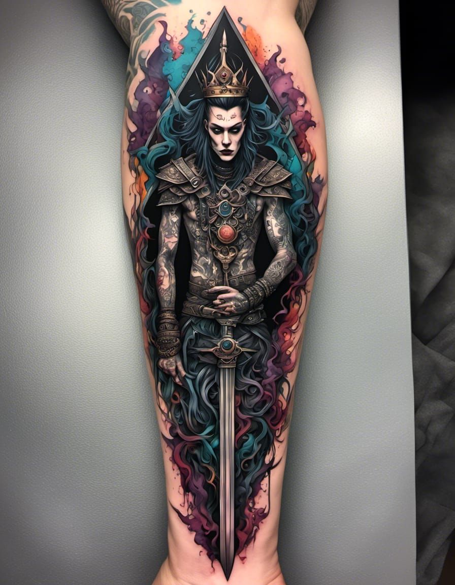 King of Swords Tarot Tattoo in Witchpunk Style