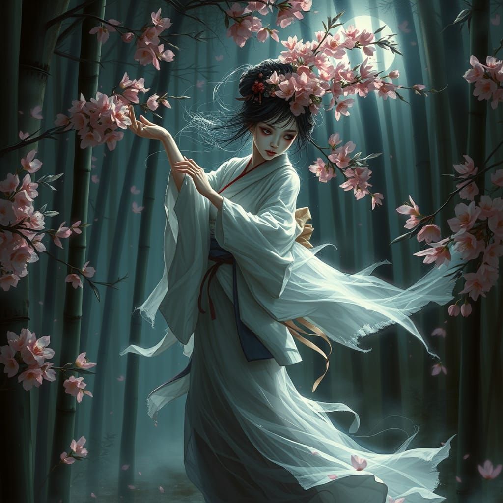 Ghostly Geisha Dances Through Haunted Bamboo Forest