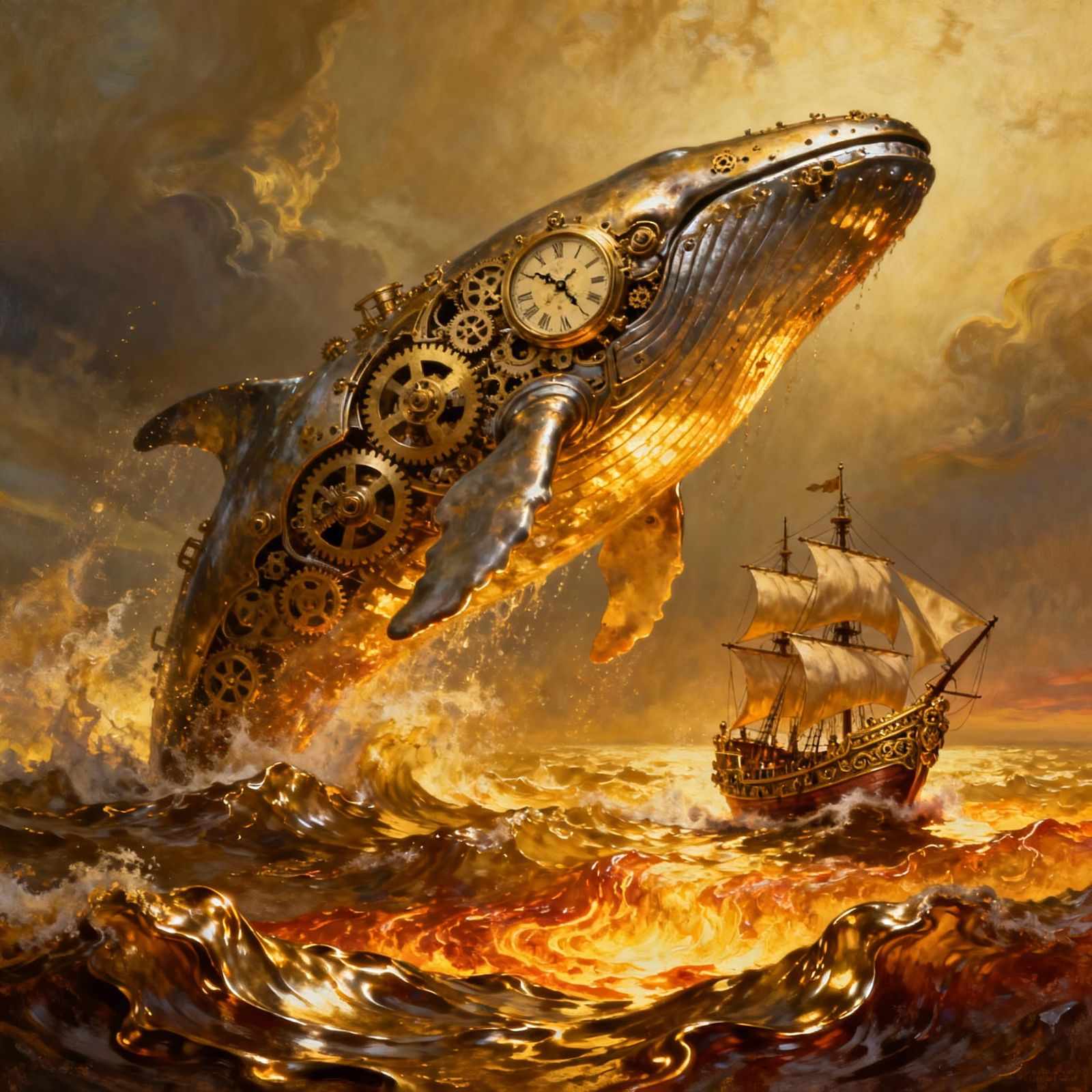 Clockwork Whale Breaches Molten Gold Sea in Surreal Oil Pain...