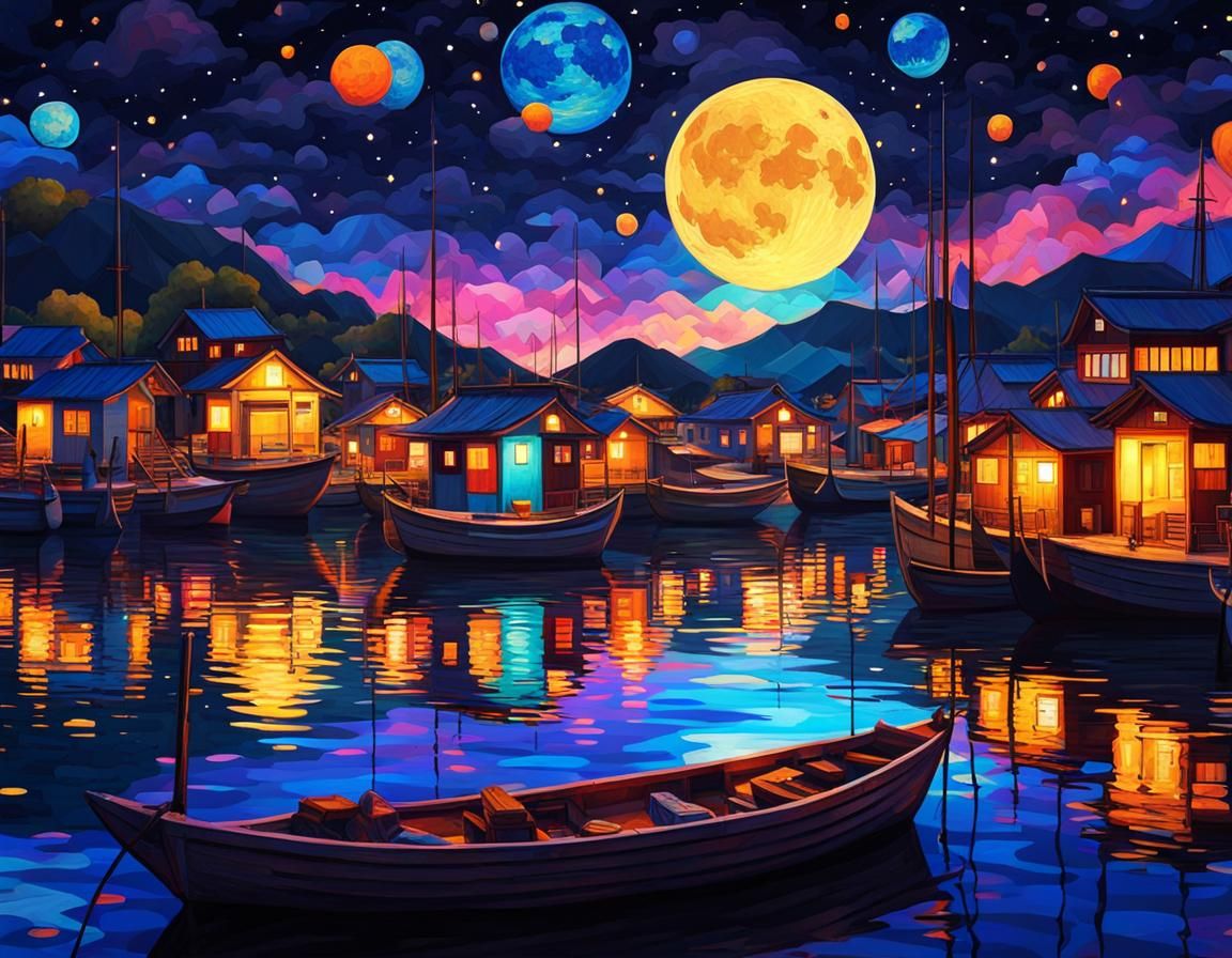 Silent Japanese Harbor Under Cosmic Sky, Painterly Style