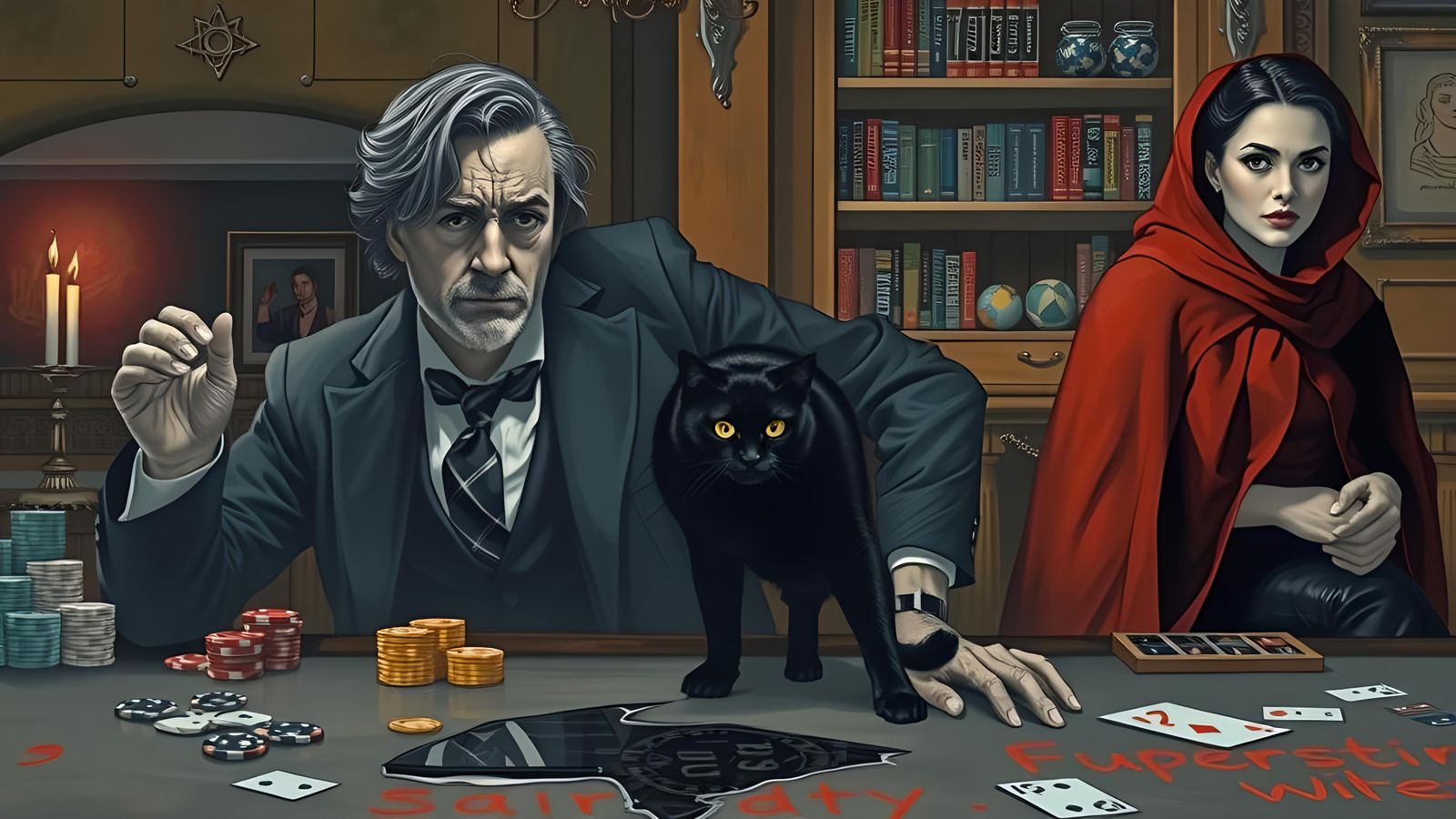 Femme Fatale with Black Cat in Casino