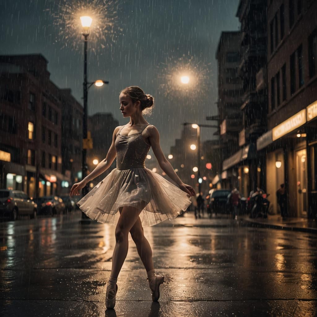 Ballet Dancer in Rain, Dreamy Cinematic Style