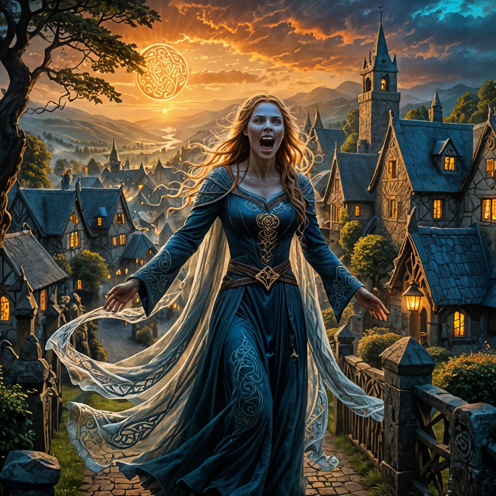 Dramatic Celtic Banshee Screaming Over Village