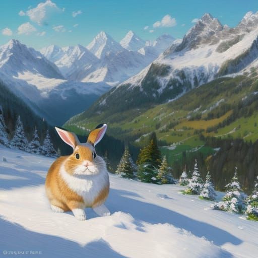 Fat Rabbit Explores Swiss Alps Impressionist Oil Painting
