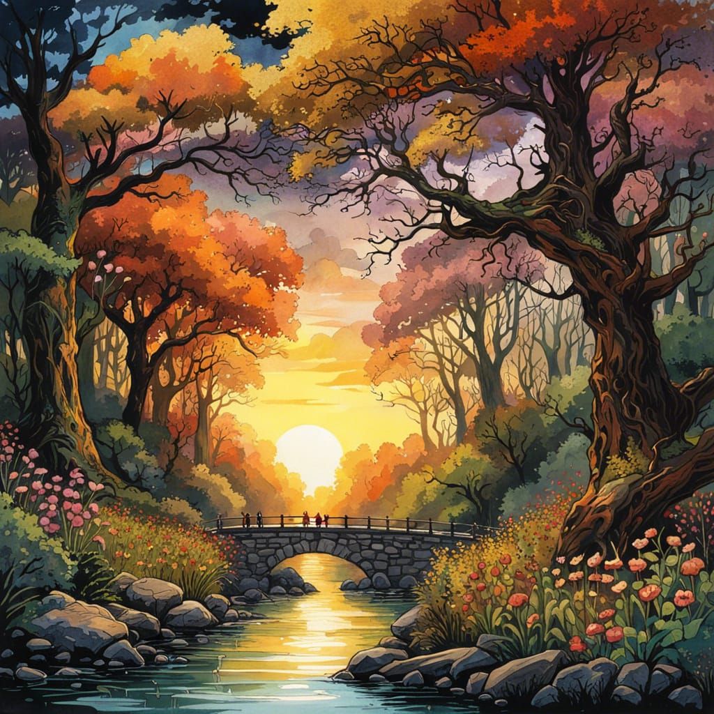 Gothic Flower Meadow at Sunset in Watercolor