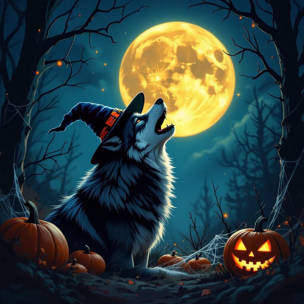 Majestic Wolf Howling at Halloween Moon in Dark Fantasy Styl...